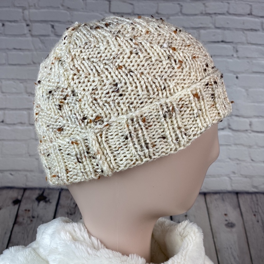 Homemade Cream/Brown/Tan Crocheted Knit Yarn Hat - Picture 7 of 11